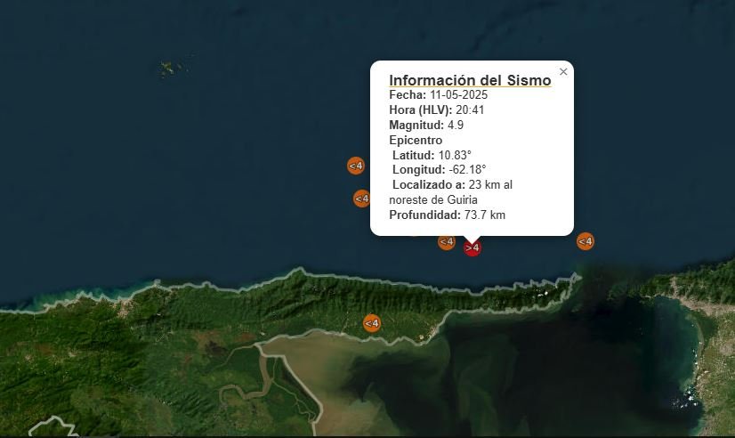 Se registra terremoto de magnitud 4,9 frente a las costas de Venezuela Se registra terremoto de magnitud 4,9 frente a las costas de Venezuela